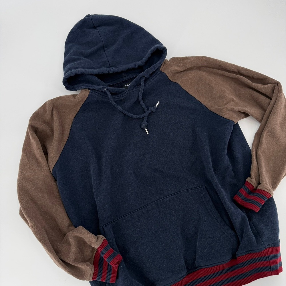 Forever 21 Men Hoodie Large Navy Brown‎ Colorblock Raglan Striped Trim Good